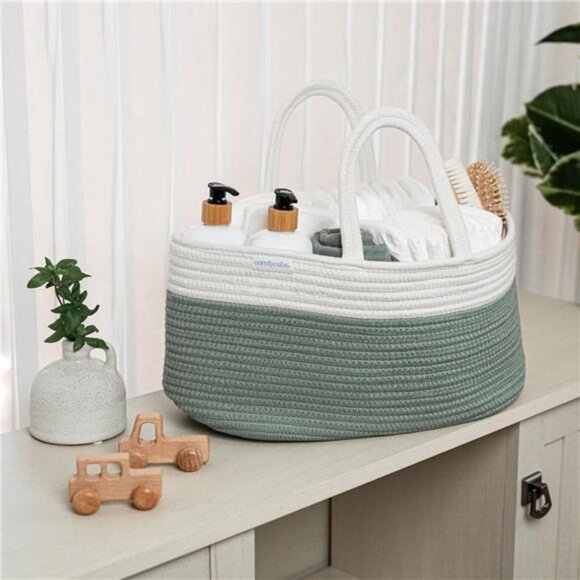 Large Baby Diaper Caddy Organizer Basket Rope Handles Nursery Storage Sage - Picture 5 of 7
